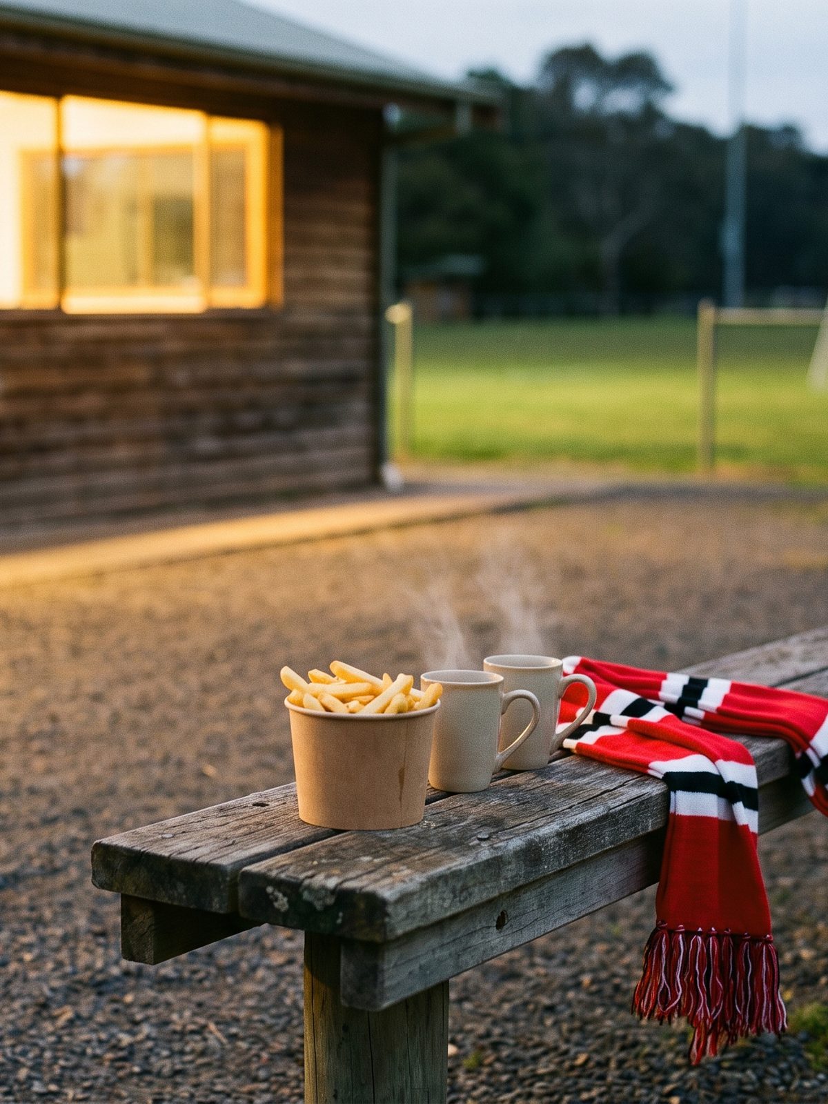Illustrative image: warm clubroom windows glowing at dusk beside a country football pitch