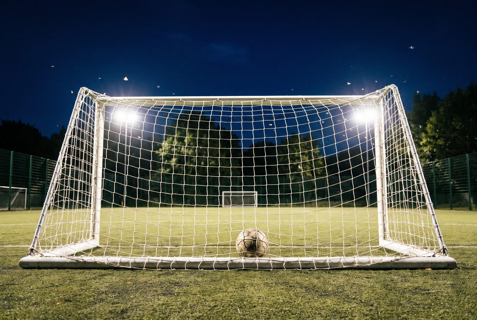 Illustrative image: a small five-a-side goal under floodlights at night with a ball on the line