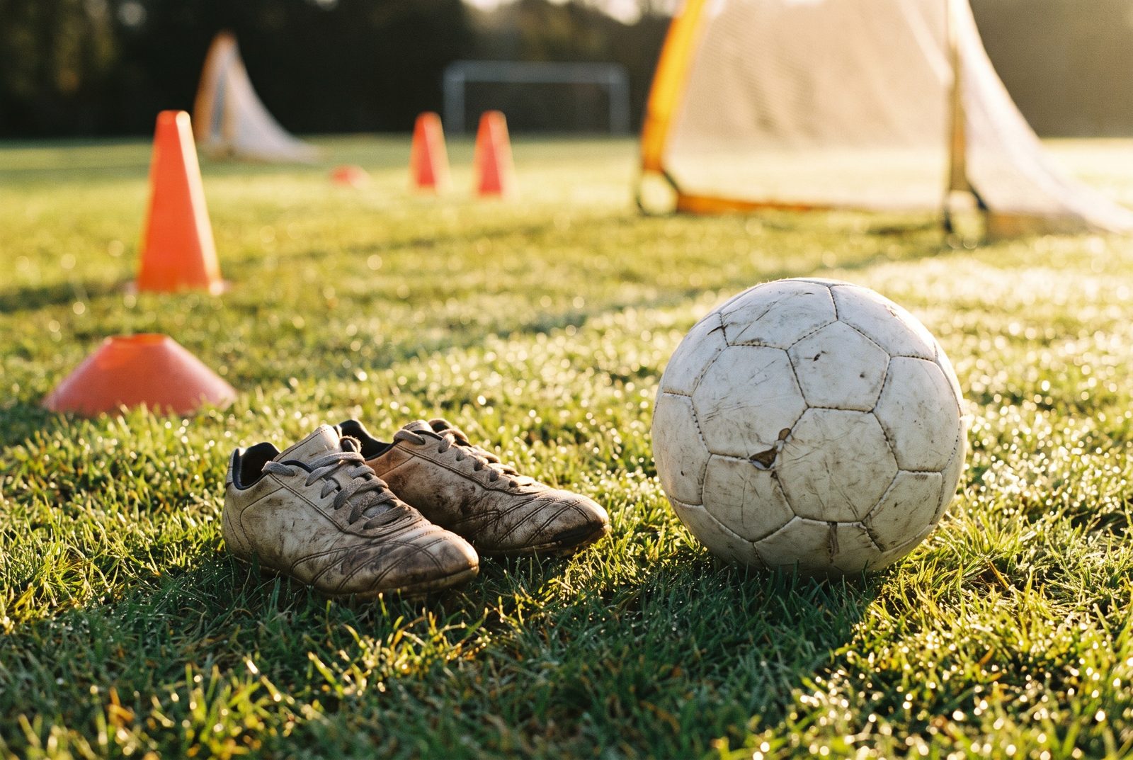 Illustrative image: children's football boots and ball on dewy grass by small training goals