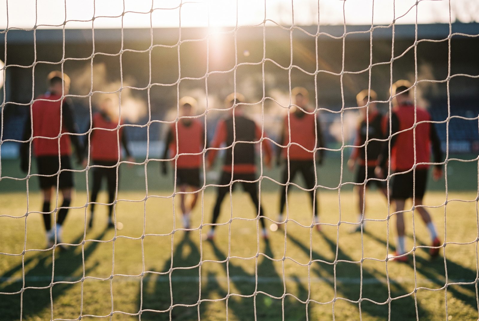 Illustrative image: players in red training bibs seen through a goal net at golden hour
